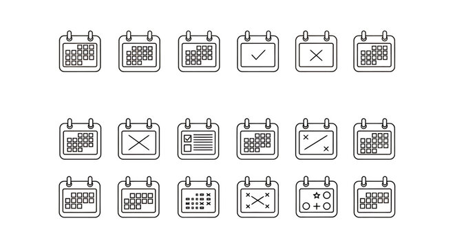 Set of calendar icons with various symbols and styles for design projects.