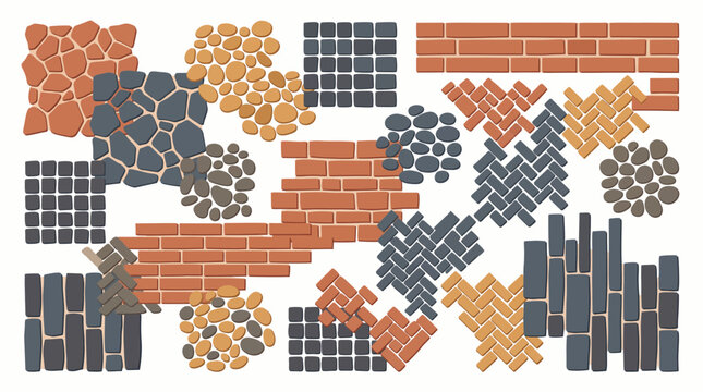Set of various stone pavement patterns and brick wall textures including cobblestones and masonry blocks, illustrating architectural landscaping and representing exterior floor design