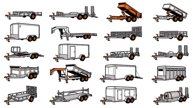Diverse collection of heavy duty utility and cargo trailer vector illustrations isolated on white, providing versatile transport solutions and representing commercial hauling logistics equipment