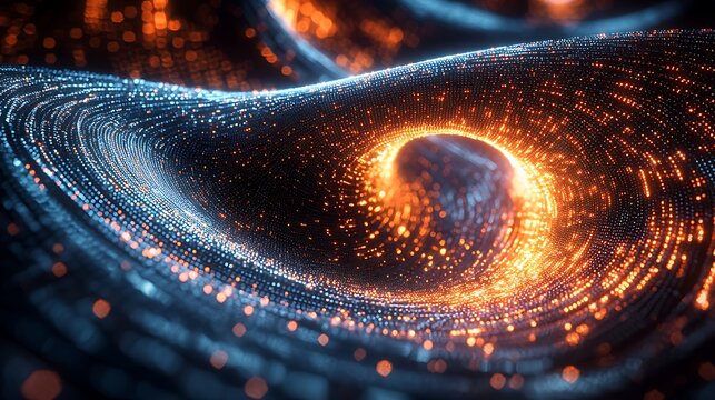 Abstract Digital Vortex of Glowing Orange and Blue Particles Flowing in a Swirl