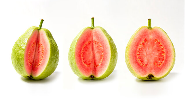 Row of cut fresh pink guava isolated on pure white