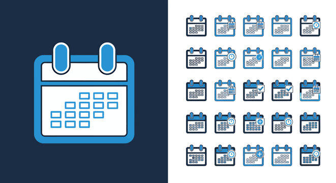 Set of calendar icons featuring monthly grids and date markers in blue and white.