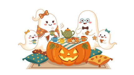 Fototapeta premium Cute Ghost Family Having a Cozy Halloween Tea Party