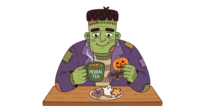 Cute Frankenstein Monster Drinking Herbal Tea and Eating Halloween Cookies