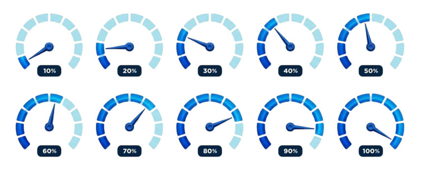 Set of Blue Progress Gauge Indicators Showing Percentage Levels from Ten to One Hundred Percent