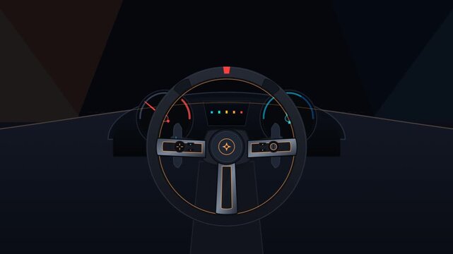 Stylized Minimalist Car Dashboard with Steering Wheel and Gauges