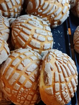 Fresh chocolate-flavored conchas on a typical Mexican tray.Conchas frescas con sabor a chocolate en una charola t&iacute;pica de M&eacute;xico.(27)