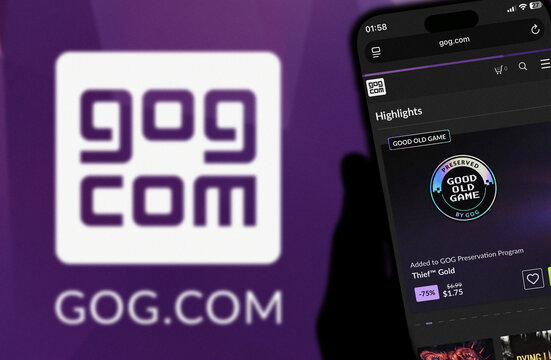 GOG.com Logo Displayed on Smartphone Screen Showing Thief Gold Preservation Program Listing Against Purple Background