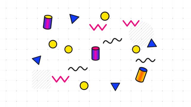 Retro Memphis Geometric Shapes Motion Background on White Grid
