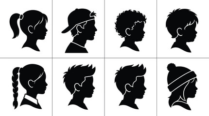 Children head profile avatar black silhouette collection featuring diverse boys and girls hairstyles wearing cap and winter hat isolated on white background © Rakib