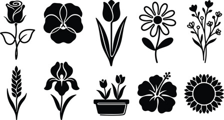 Floral silhouettes vector illustration bundle containing isolated black rose tulip daisy pansy iris hibiscus sunflower and potted plant elements on white background. © Rakib