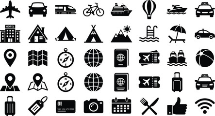 Global travel tourism and transportation silhouettes vector icons set featuring isolated black airplane car train cruise camping tent hotel and map navigation elements on white background. © Rakib