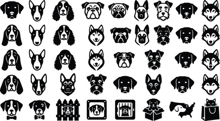 Mega bundle of dog breed faces and puppy head avatars line art icons set featuring husky retriever pug bulldog bulldog isolated on white background © Rakib