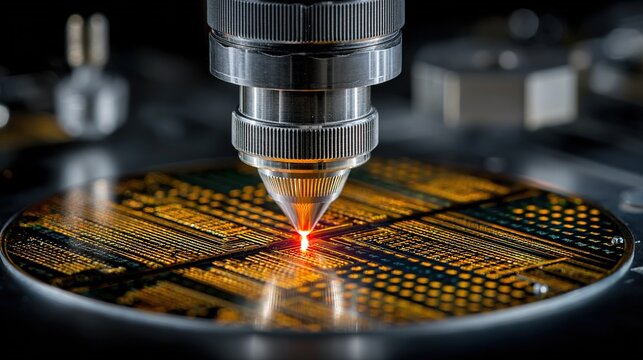 Macro close-up of a photolithography nozzle emitting an extremely sharp, glowing neon-red laser beam onto a circular silicon wafer, with intricate glowing gold circuit patterns being etched into the w