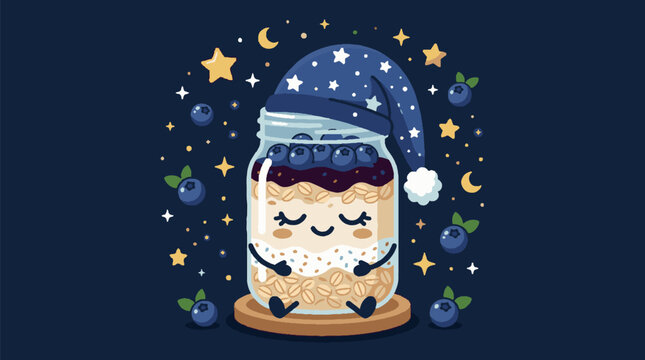 Cute cartoon overnight oats jar character sleeping in a nightcap surrounded by blueberries and stars.