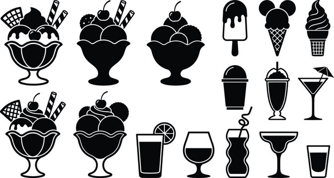 Sweet summer dessert and cocktail silhouettes vector icons set featuring isolated black ice cream sundae bowls popsicles milkshakes juice and bar drinks on white background.