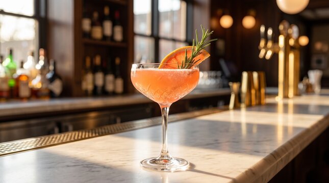 Grapefruit rosemary mocktail in coupe glass on marble bar golden light zero proof beverage photo