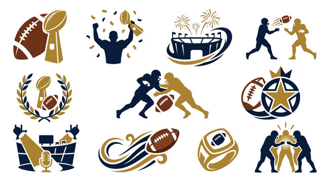 Collection of American Football Icons and Symbols Representing the Sport and its Victories.