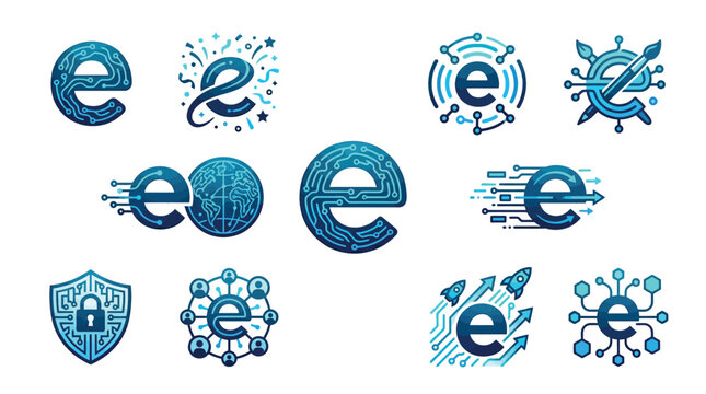 Collection of stylized letter 'e' logos representing technology, digital networks, and innovation.