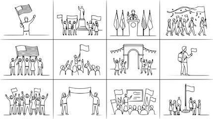 Obraz premium Protest Crowd Holding Flags and Banners - Line Art Collection