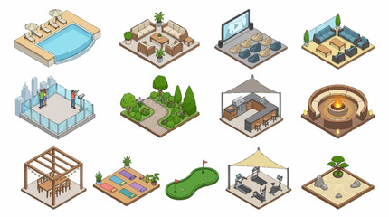 Fototapeta premium Isometric illustrations of modern buildings and outdoor spaces.