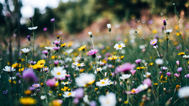 Meadow of Wildflowers: A vibrant field brimming with a kaleidoscope of colorful wildflowers, their delicate petals dancing in the gentle breeze, evoking a sense of natural beauty and tranquility.
