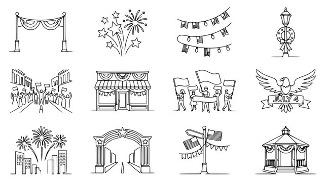 Collection of Hand-Drawn Independence Day Icons: Parade, Fireworks, Eagle, Arch, Flags, Gazebo