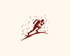 Fototapeta premium Centered graphic illustration of a muscular male figure sprinting in a rainstorm, featuring a strong diagonal rain pattern and a curved red ground line.