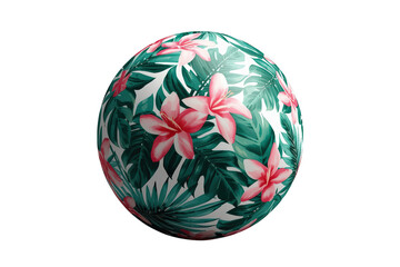 Obraz premium Sphere displaying tropical floral pattern with green leaves and pink flowers, summer design on a transparent background