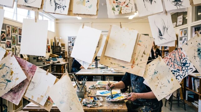 Artist working in creative studio with sketches drying on lines is ideal for art education website, workshop presentation, and creative blog header