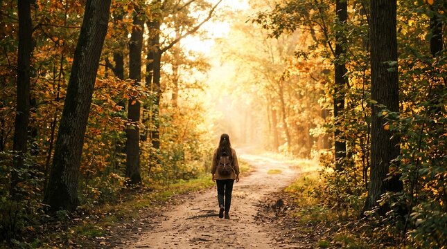 Woman walking on a forest path bathed in golden sunlight during autumn.