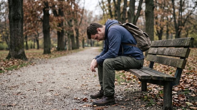 Young man sitting alone on a park bench in autumn feeling sad and dejected.