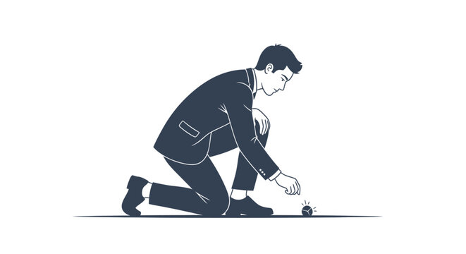 Businessman carefully placing a small cube on a line.