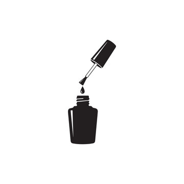 Nail polish bottle and applicator brush silhouette icon with cosmetic, manicure