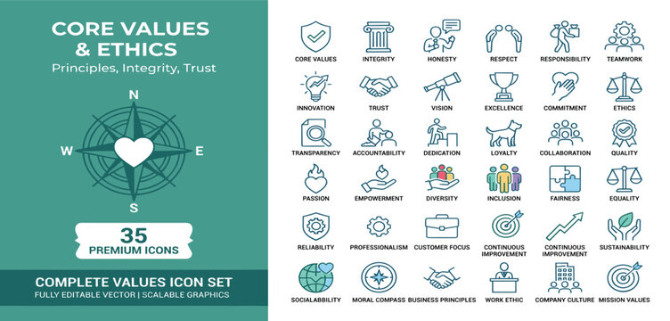 Core Values icon set. Ethics and business principle related line icons. integrity, honesty, respect, responsibility, teamwork, innovation,  trust, vision and more. Editable stroke.