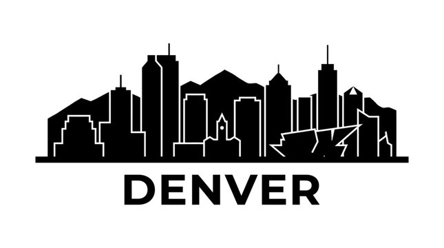 Denver city skyline silhouette with mountain peaks and bold text