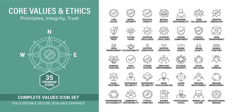 Core Values icon set. Ethics and business principle related line icons. integrity, honesty, respect, responsibility, teamwork, innovation,  trust, vision and more. Editable stroke.