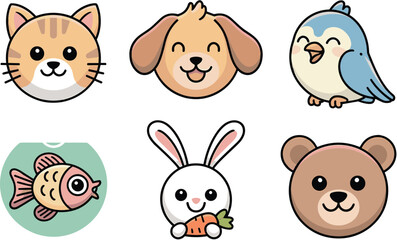 Fototapeta premium Cute Domestic Pets and Animal Faces Vector Icon Set Featuring Cat Dog Bird Fish Bunny and Bear for Kids Graphic Designs