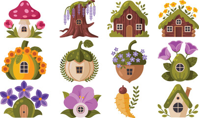 Fairy House and Whimsical Cottage Vector Icon Collection Featuring Mushroom Pumpkin Acorn Tree Trunk and Floral Nature Homes for Game Designs © Rownok