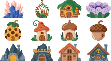 Fototapeta premium Fantasy Game Building Icon Set with Fairy Mushroom Acorn Crystal Flower and Stone Dwarf Mine Houses for RPG Map Design Elements