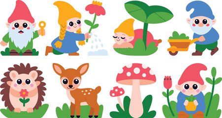 Naklejka premium Cute Garden Gnome and Forest Animals Vector Character Set Featuring Little Gnomes Hedgehog Deer Mushroom and Gardening Elements for Kids Designs