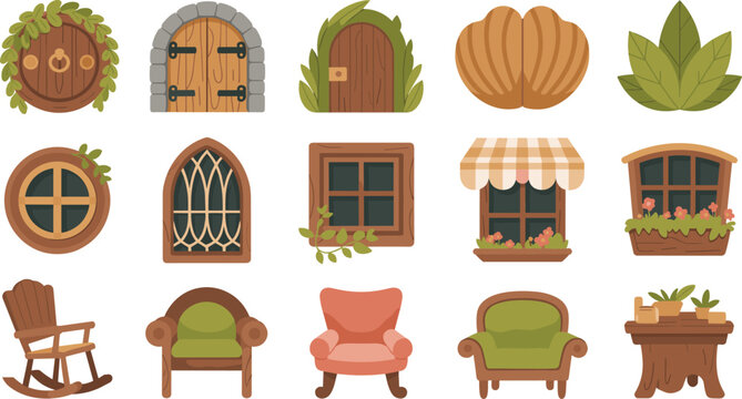 Fairy House Doors and Windows Vector Architectural Element Collection with Armchairs Table and Wood Furniture for Cozy Fantasy Home Designs