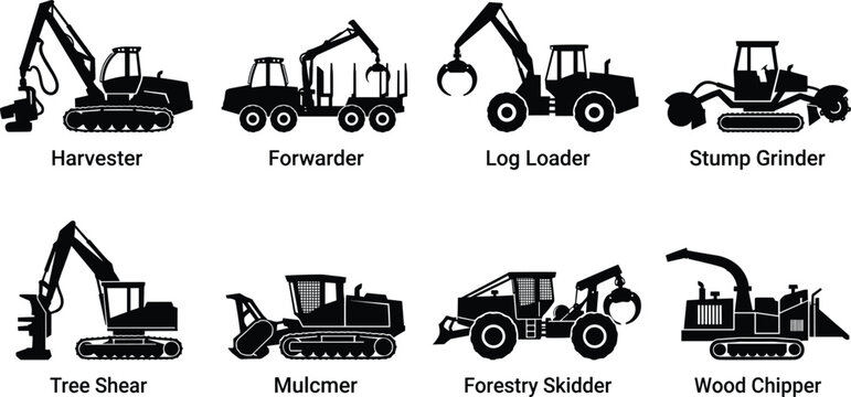Forestry machinery black silhouette icons set featuring log loader forwarder wood chipper and harvester vehicles