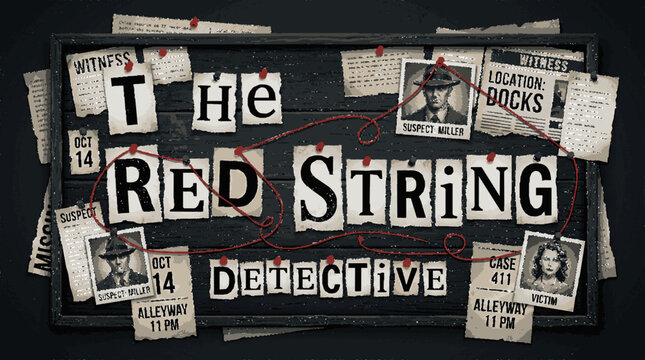 Noir detective investigation board with red string connections with paper cutouts spelling displays crime scene spelling text photos