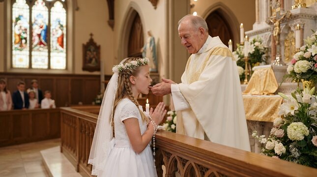 Young girl receiving communion from priest in church during religious ceremony.
