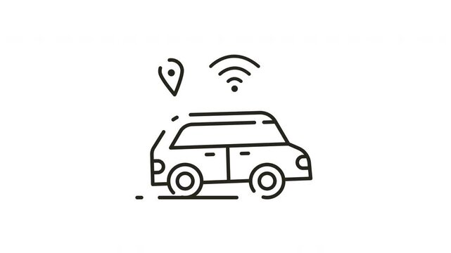 Animated Outline Icon of Smart Connected Car with GPS Location and Wireless Signal