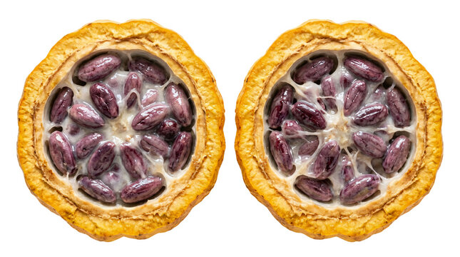 Fresh cocoa pods cut in half. Raw cacao fruit showing beans and pulp isolated on white.