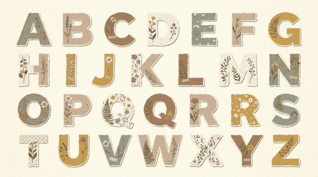 Cottagecore botanical alphabet collection featuring pressed wildflowers and earthy textured paper cutout typography design elements