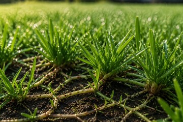 Obraz premium Lush green lawn with stolon network connecting grass clusters, morning dew.