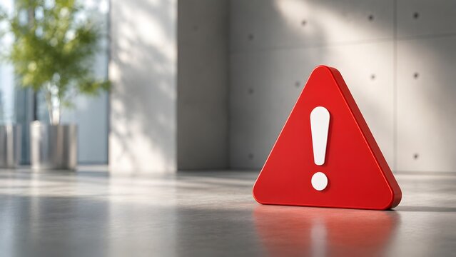 Workplace safety hazard alert featuring a large red triangle warning sign placed on the concrete floor of a modern office building.